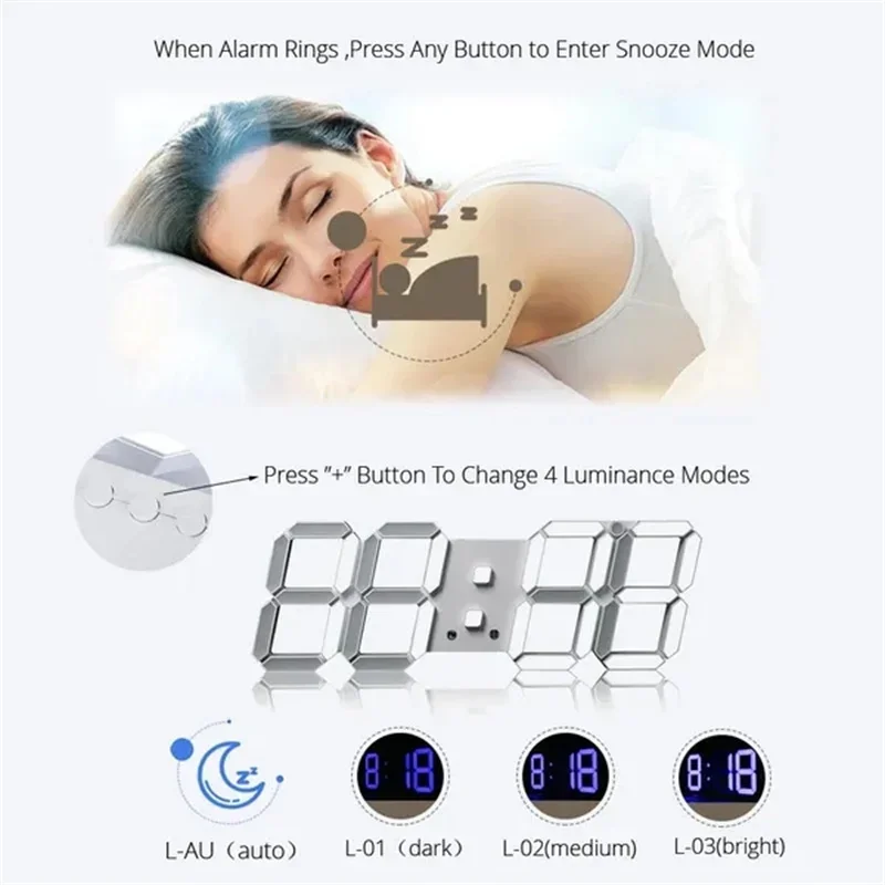 Lighting Home Decor Wall Clocks - Ajustável 3D Digital Relógio de Parede,